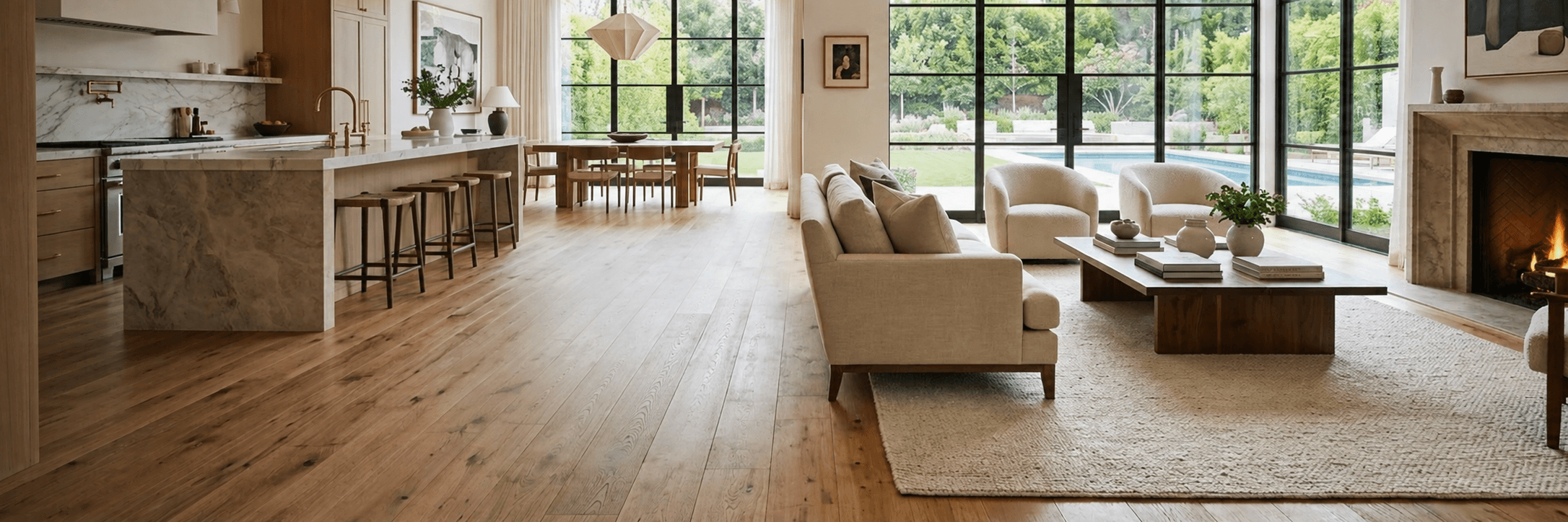 An open-concept kitchen and living room with wide-plank hardwood flooring throughout